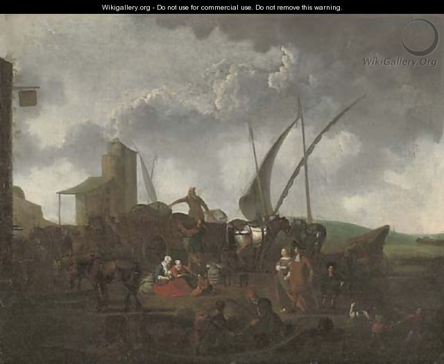 A Mediterranean harbour with stevedores unloading and elegant company - (after) Abraham Storck