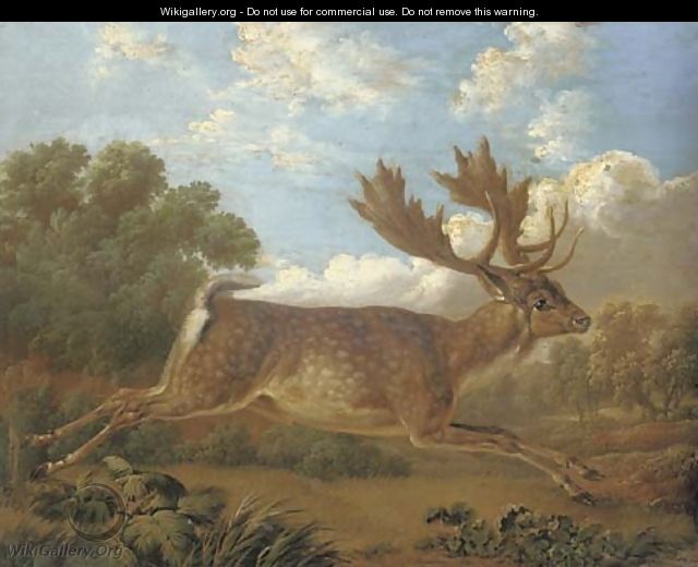 A fallow deer leaping across a field in a landscape - Charles Towne