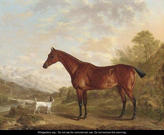 A bay hunter and terrier in a mountainous wooded landscape, a town and river beyond - Charles Towne