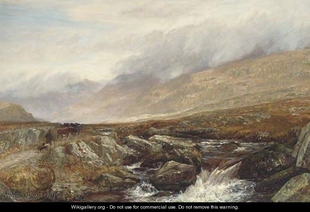 A drover and his cattle on a Highland track beside a rocky stream - Charles Thomas Burt
