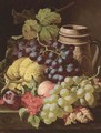 Grapes, redcurrants, plums, a peach, a gourd, and a stoneware tankard, on a wooden ledge - Charles Thomas Bale