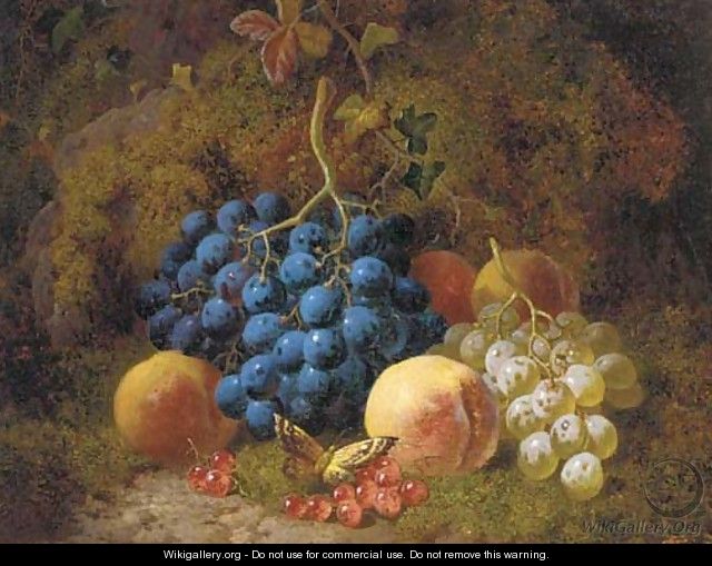 Grapes, peaches, redcurrants, and a butterfly, on a mossy bank - Charles Thomas Bale