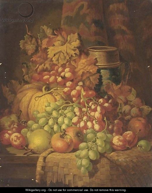 Grapes, apples, pears, plums, a gourd, and a stoneware tankard, on a ledge - Charles Thomas Bale