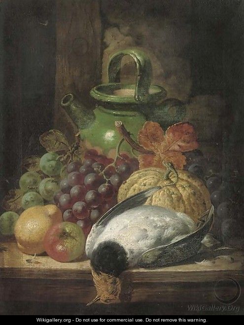 Grapes, a pumpkin, apple, pear, pigeon and pot, on a table - Charles Thomas Bale