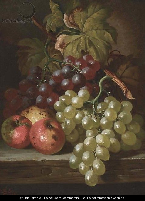 Grapes and apples on a wooden ledge - Charles Thomas Bale