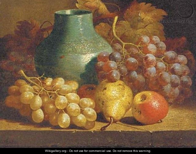 Apples, grapes, a pear and a blue jug on a table - Charles Thomas Bale