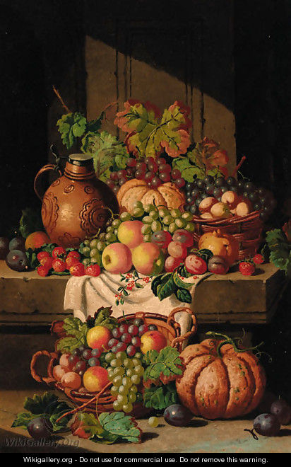 A flask on a ledge, with baskets of grapes, plums, apples and squashes - Charles Thomas Bale