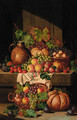 A flask on a ledge, with baskets of grapes, plums, apples and squashes - Charles Thomas Bale