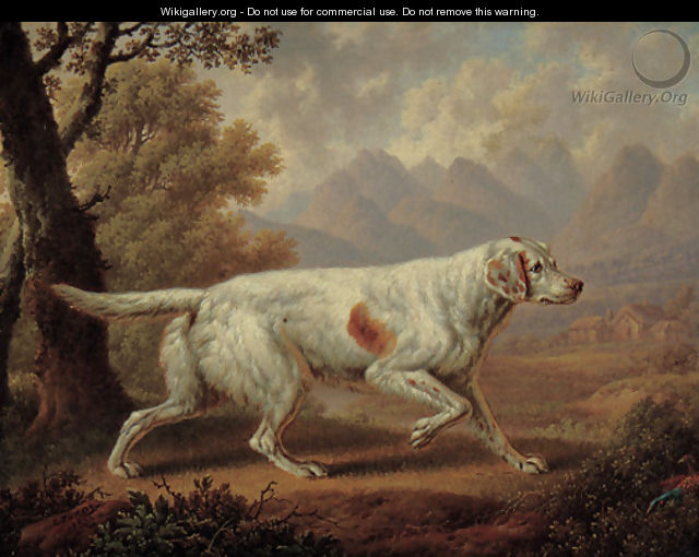 An English Setter in a wooded landscape, with pheasants in the foreground and mountains beyond - Charles Towne