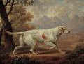 An English Setter in a wooded landscape, with pheasants in the foreground and mountains beyond - Charles Towne