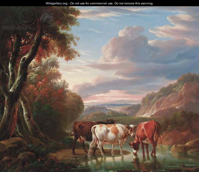 A mountainous river landscape with cattle watering by a pool - Charles Towne