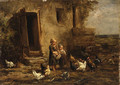 Children feeding the chickens - Charles Émile Jacque
