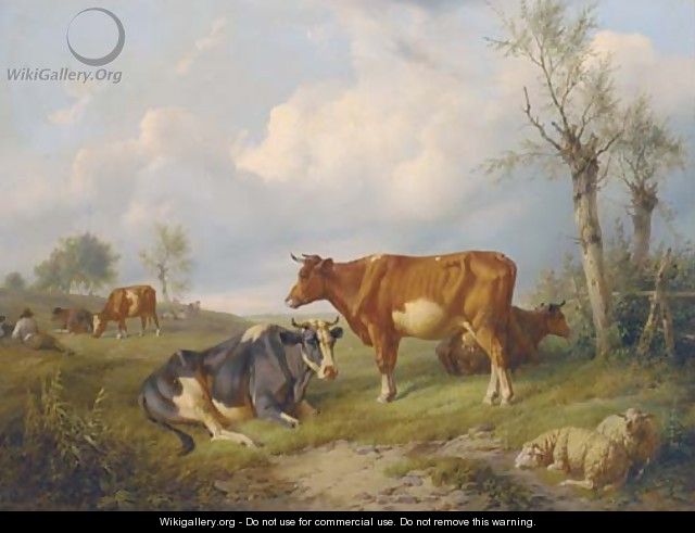 A shepherd and his dog with cattle and sheep in a field - Charles Émile Jacque