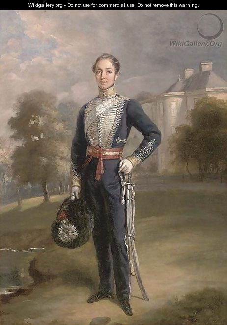 Portrait of Lieutenant George Ramsay of Lixmont, full-length, in the uniform of a Scottish Yeomanry Regiment, before a country house - Charles Achille D