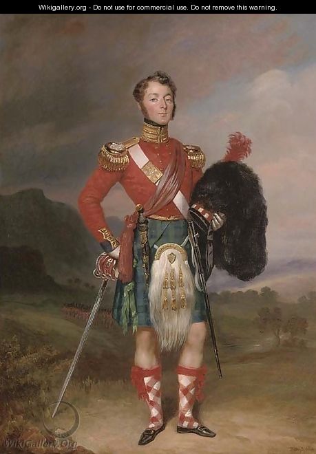 Portrait of Captain Robert Williamson Ramsay, small full-length, in the uniform of the 42nd Foot, the Black Watch, in a Highland landscape - Charles Achille D
