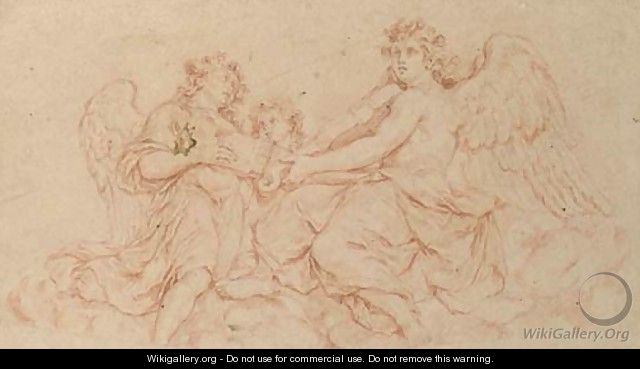 Three music-making angels seated on a cloud - Charles-Nicolas I Cochin