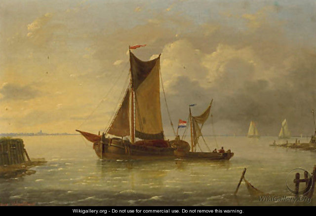 Sailing vessels in a harbour entrance - Louis Verboeckhoven