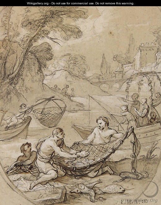Fishermen drawing their Nets, with figures on a boat in the background - Charles Joseph Natoire