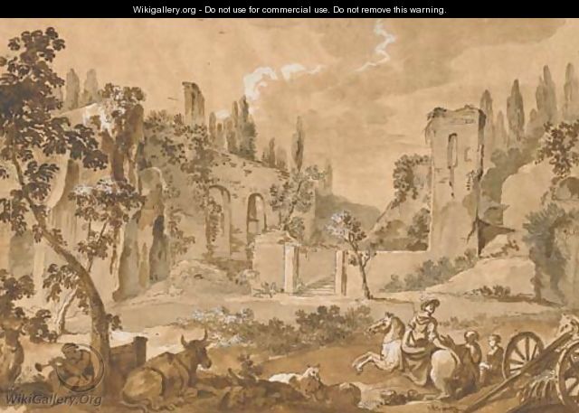 A view of the Pincian Hill with ruins, a woman on horseback, a cart, animals and figures in the foreground - Charles Joseph Natoire
