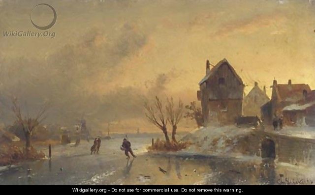 Skaters on a frozen river at dusk - Charles Henri Leickert