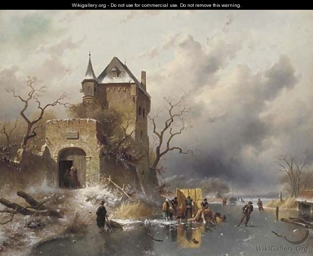 Skaters on a Frozen Lake by the Ruins of a Castle - Charles Henri Leickert