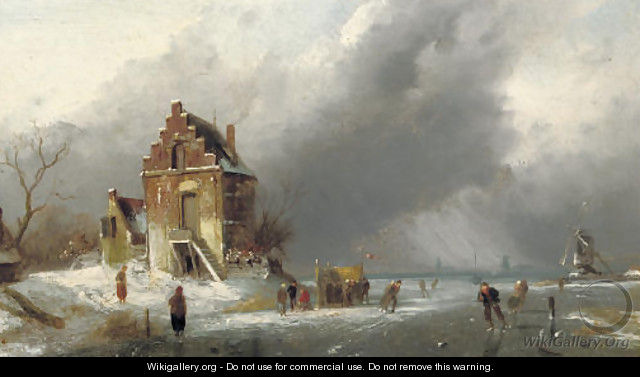Skaters on a frozen Dutch waterway - Charles Henri Leickert