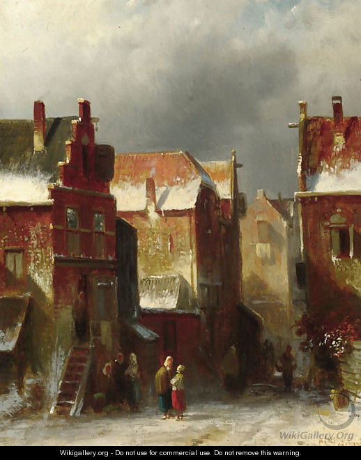 Numerous townsfolk in a street in winter - Charles Henri Leickert