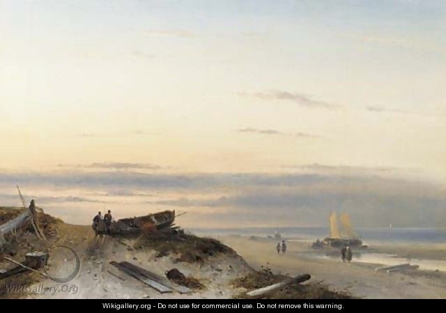 Fishermen on a beach at sunset - Charles Henri Leickert