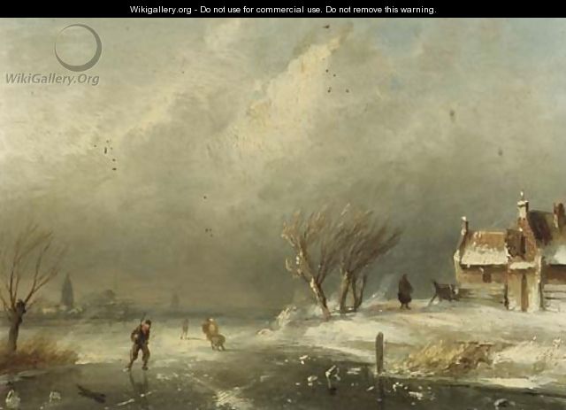 Figures skating on a frozen waterway on a windy day - Charles Henri Leickert