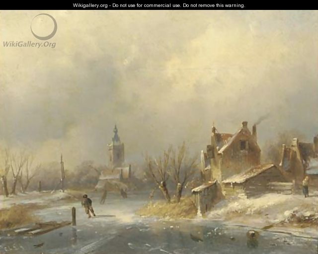Figures on a frozen waterway - Charles Henri Leickert