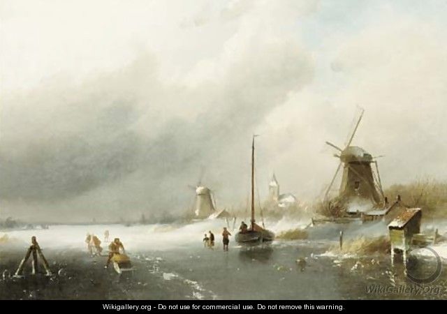 Figures on a frozen river, with windmills beyond - Charles Henri Leickert