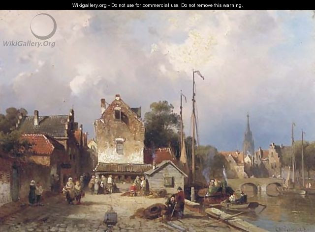 Daily activities on a quay in a Dutch town - Charles Henri Leickert