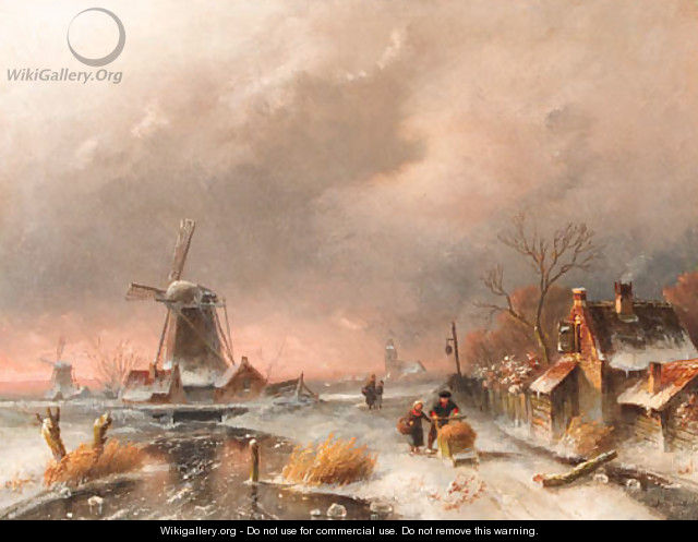 An evening winter landscape with windmills - Charles Henri Leickert