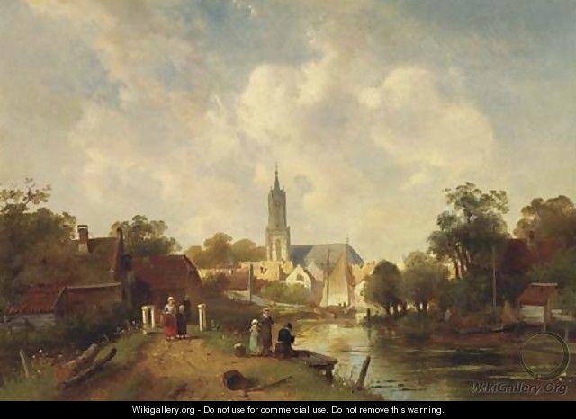Along the river in summer, a town beyond - Charles Henri Leickert