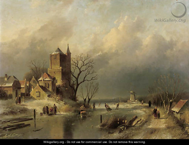 A winter landscape with skaters on a frozen river by a stronghold - Charles Henri Leickert