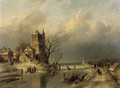A winter landscape with skaters on a frozen river by a stronghold - Charles Henri Leickert