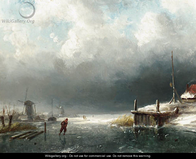 A skater on the ice, windmills in the distance - Charles Henri Leickert