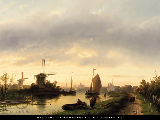A river landscape at dusk, with Haarlem in the distance - Charles Henri Leickert