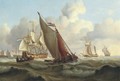 Busy shipping lanes off a harbour with a three-masked Dutch merchantman hove-to to take on the pilot - Charles Martin Powell