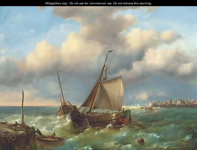 Barges in a stiff breeze at the harbour mouth - Charles Martin Powell