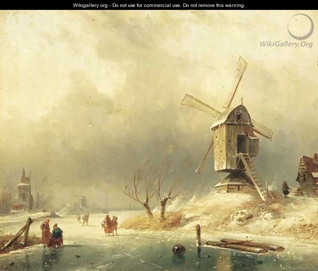 Winter figures on the ice by a windmill - Charles Henri Leickert