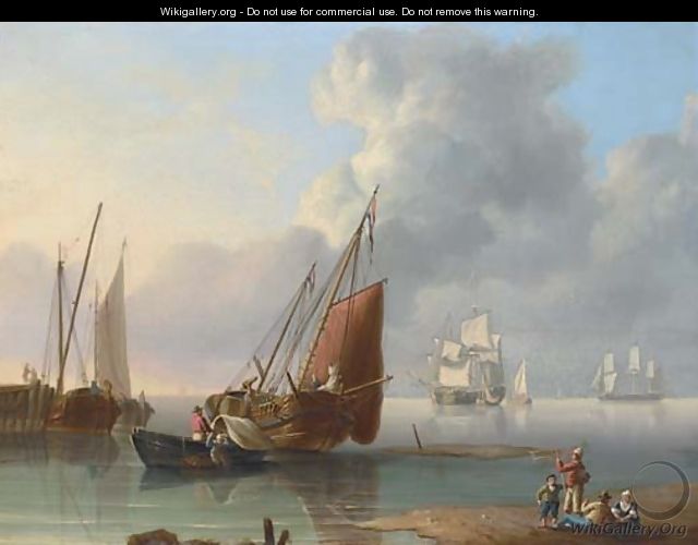 Unloading the catch at the end of the day, with merchantmen at anchor beyond - Charles Martin Powell