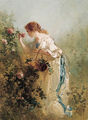 An elegant lady picking roses - Charles Rochussen