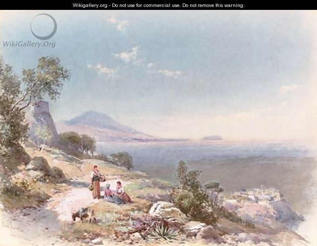 Figures with a donkey resting by the steps overlooking the bay, near Miseno, Bay of Naples - Charles Rowbotham