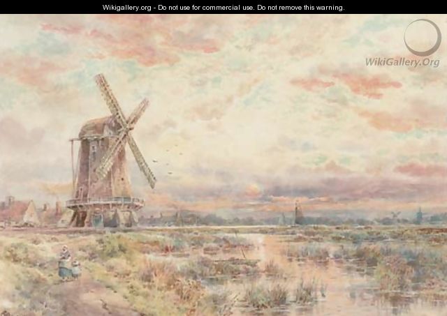 A windmill on the Fens at dusk - Charles Frederick Allbon