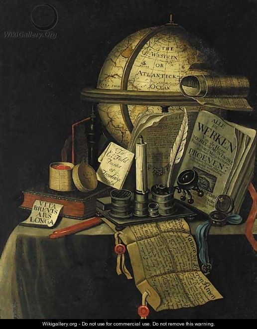 A Vanitas still life with a globe showing the Americas - Charles Field