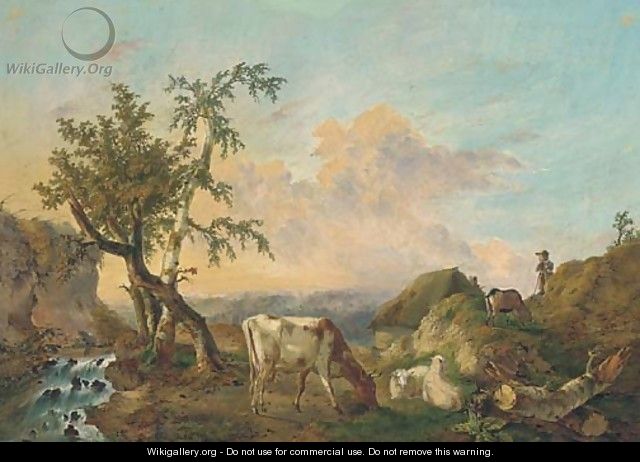 Sheep and cattle grazing beside a stream with a shepherd looking on - Charles Desan