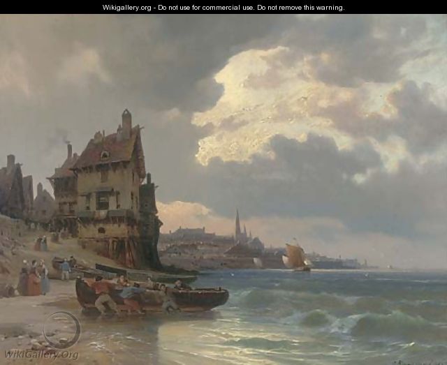 Dragging a fishing boat ashore by a French port - Charles Euphraisie Kuwasseg