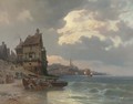 Dragging a fishing boat ashore by a French port - Charles Euphraisie Kuwasseg