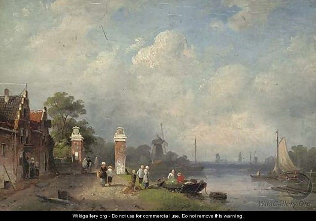 Figures at the edge of a Dutch canal - Charles Henri Joseph Leickert